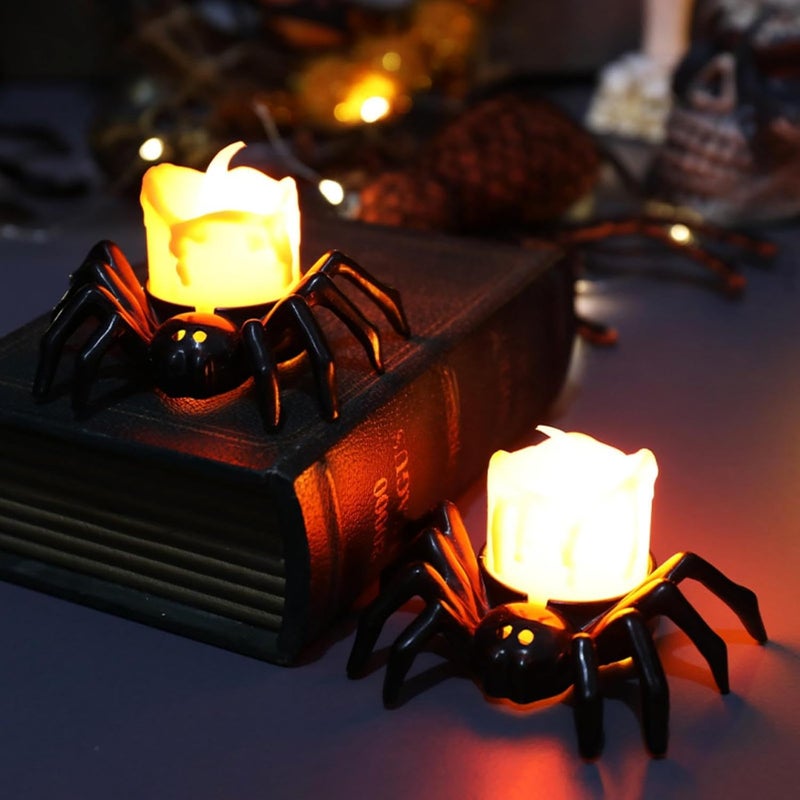 YBB 12 Pcs Halloween Spider Tea Lights, Novelty LED Flameless Spider Candle Holder Battery Operated Orange Tea Lamps for Halloween Party Table Home Spooky Decor - Image 4